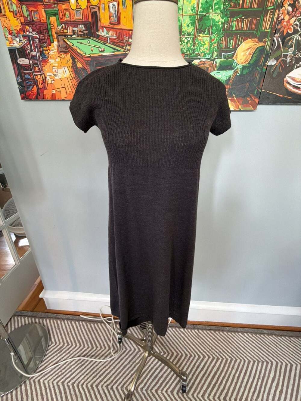 Eileen Fisher 100% Wool Ribbed Short Sleeve Gray Sweater Mini Dress size XS